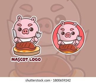 set of cute pig steak mascot logo with optional apprearance. premium kawaii vector