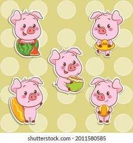 set of a cute pig summer sticker concept