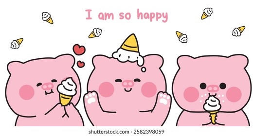 Set of cute pig in various poses with ice cream.Sweet and dessert.Farm animal character cartoon.Image for card,sticker,baby clothing,print screen.Kawaii.Vector.Illustration.