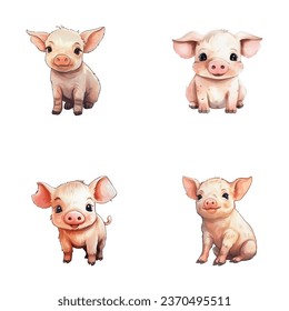 set of cute pig watercolor illustrations for printing on baby clothes, sticker, postcards, baby showers, games and books, safari jungle animals vector