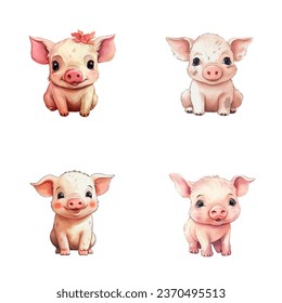 set of cute pig watercolor illustrations for printing on baby clothes, sticker, postcards, baby showers, games and books, safari jungle animals vector