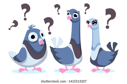Set with cute pigeons. Rock doves isolated on white background. Bluish pigeons in moiton. Simplified image of gray birds group. Vector flat illustration