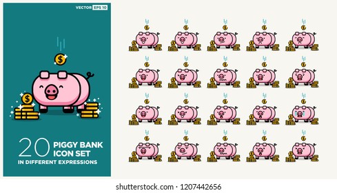 Set of Cute Piggy Bank with Gold Coins  Emoji Line Icons In Different Expressions