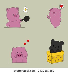 A set of cute piggy and bear animals