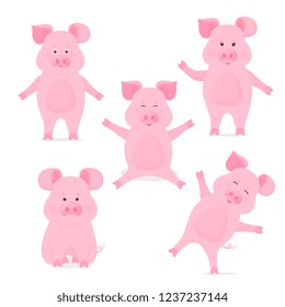 A set of cute piggy cartoon characters in different poses, sitting, standing, hand up and down. Funny pig. The symbol of the Chinese New Year