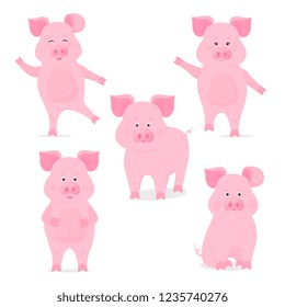 A set of cute piggy characters in different poses, sitting, standing, walking, hand up and down. Funny pig. The symbol of the Chinese New Year