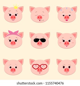 Set of cute piggy face different emotions in cartoon style, flat design, vector illustration