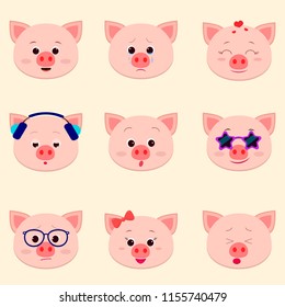 Set of cute piggy face different emotions in cartoon style, flat design, vector illustration