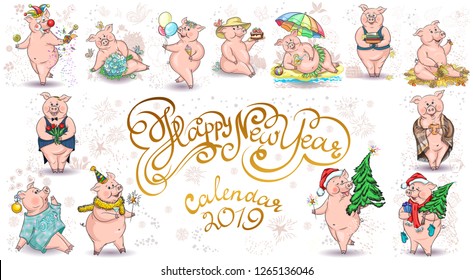 
A set of cute piglets in different compositions for each month with holidays of 2019. A variety of emotions. The symbol of The new year in the Chinese calendar. Vector graphics. Can be used for dishe