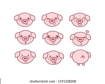 Set of cute piglets with various emotions in cartoon style. Flat design, vector illustration. Kawaii pink pigs. Symbol of Chinese Year of the pig 2019