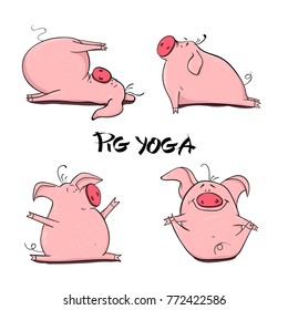 Set of cute piglets in various yoga poses. Vector