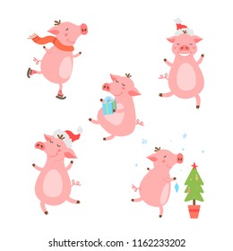 Set of cute pigs. 2019. Pigs with different characters. Vector illustration.