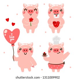 Set of cute pigs. Be my valentine. Characters of Valentine's day, background, card, postcard, poster. Vector illustration, isolated object.