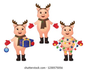 set of cute pigs with deer horns, garland, gift and tree ball. cartoon character. vector illustration.