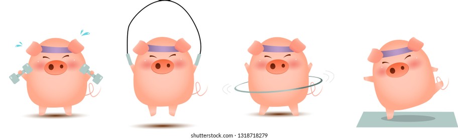 Set of cute pigs exercise isolate. body weight, rope jump, Hula hoop and yoga. diet concept.