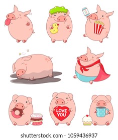 Set of cute pigs in kawaii style. Teases showing tongue, in superhero costume, with popcorn and ticket, sleeps in the mud, eats donut, drinks tea, with toy, holds heart with inscription love you. EPS8