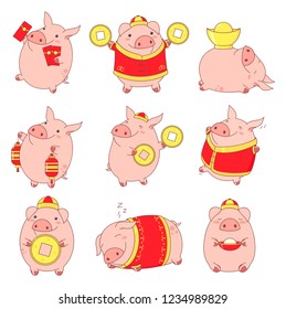 Set of cute pigs in kawaii style. Symbol of chinese new year. Piglets in traditional Chinese clothes, with gold money, with money envelopes. EPS8