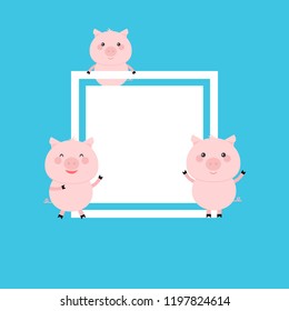 Set from cute pigs. Sweet piggies. Cute cartoon funny baby characters. Chinese symbol of 2019 new year. Zodiac sign. Flat design. Greeting card. Happy New Year.
