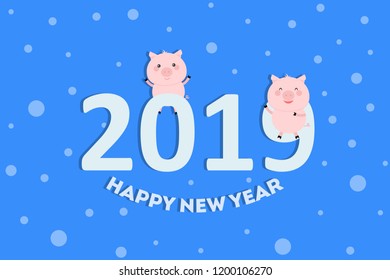 
Set from cute pigs. Sweet piggies. Cute cartoon funny baby characters. Chinese symbol of 2019 new year. Zodiac sign. Flat design. Greeting card. Happy New Year.