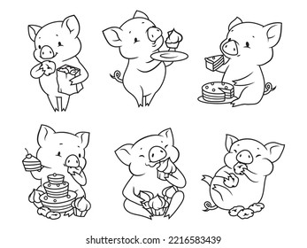 A set of cute pigs with sweets. Collection of funny pigs with cookies, cakes, a cup of coffee. Creamy desserts. Vector illustration isolated on white background.