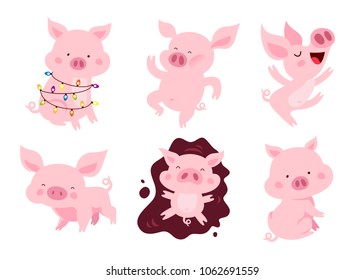 Set of cute pigs. The symbol of the Chinese new 2019 year. Vector illustration on white background. Elements for design.
