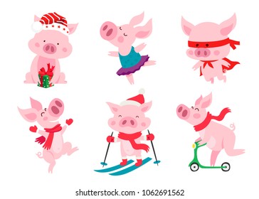 Set of cute pigs. The symbol of the Chinese new 2019 year. Vector illustration on white background. Elements for design.