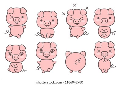 Set of cute pigs with various emotions and poses. Kawaii pink piglets. Symbol of Chinese New Year.