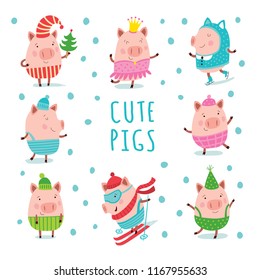 Set of cute and cute pigs. Vector illustrations.
