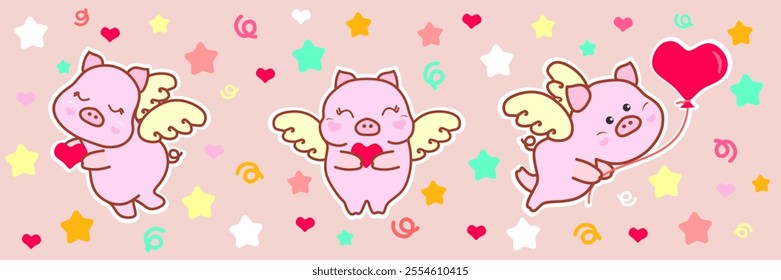 Set of cute pigs-cupids. Cute pigs angels with wings and hearts. Postcard, stickers for Valentine's Day