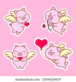 Set of cute pigs-cupids. Cute pigs angels with wings and hearts. Postcard, stickers for Valentine's Day