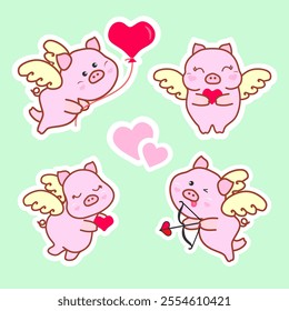 Set of cute pigs-cupids. Cute pigs angels with wings and hearts. Postcard, stickers for Valentine's Day