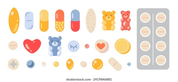 Set of cute pills and capsules, cartoon style. Treatment and health care. Medicines, tablets, capsules, gummy bear, drug of painkillers, antibiotics, vitamins. Isolated flat vector illustration