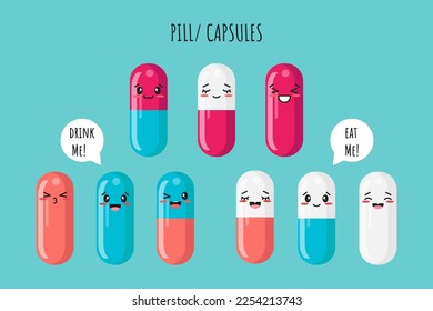 Set süße Pillen oder Vitamin mit süßem Kawaii Gesicht und Zitaten. Trink mich, iss mich! Kinderkrankenhaus Clipkunst, Aufkleber. Illustration Design Konzept der Gesundheit und Medizin. Vektorgrafik.