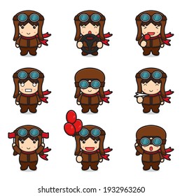 Set of cute pilot mascot character with different poses cartoon vector icon illustration. Design isolated on white. Flat cartoon style.