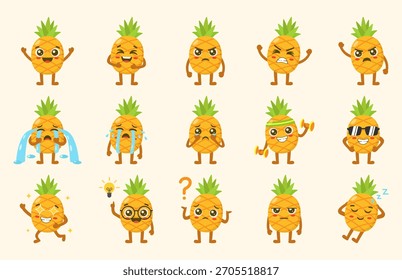 Conjunto de lindos personajes de dibujos animados de piña Ilustración vectorial