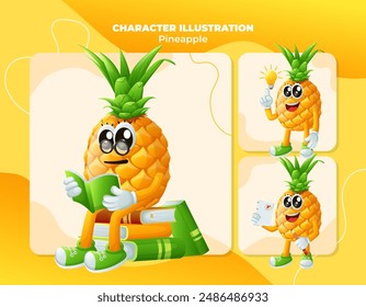 Set of cute pineapple characters being clever. Perfect for kids, merchandise and sticker, banner promotion
