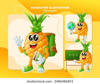 Set of cute pineapple characters in education. Perfect for kids, merchandise and sticker, banner promotion
