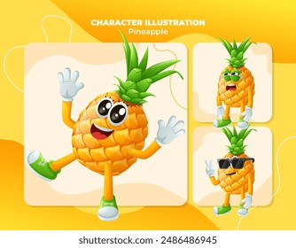 Set of cute pineapple characters with emoticon faces. Perfect for kids, merchandise and sticker, banner promotion
