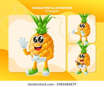 Set of cute pineapple characters enjoying beverages. Perfect for kids, merchandise and sticker, banner promotion
