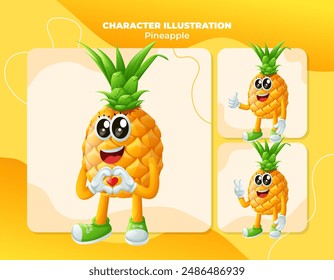 Set of cute pineapple characters making playful hand signs. Perfect for kids, merchandise and sticker, banner promotion
