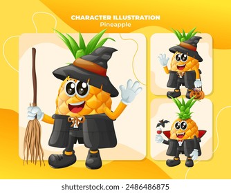 Set of cute pineapple characters on Halloween. Perfect for kids, merchandise and sticker, banner promotion
