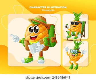 Set of cute pineapple characters on vacation. Perfect for kids, merchandise and sticker, banner promotion
