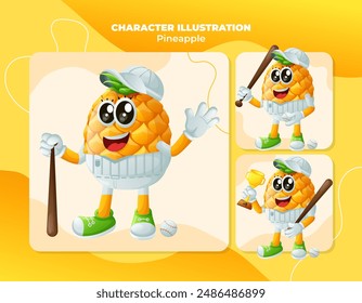 Set of cute pineapple characters playing baseball. Perfect for kids, merchandise and sticker, banner promotion
