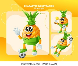 Set of cute pineapple characters playing soccer. Perfect for kids, merchandise and sticker, banner promotion
