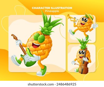 Set of cute pineapple characters playing musical instruments. Perfect for kids, merchandise and sticker
