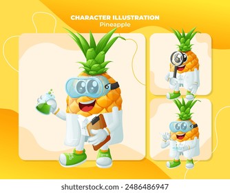 Set of cute pineapple characters as scientists. Perfect for kids, merchandise and sticker, banner promotion
