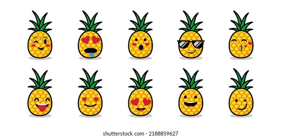 Set of cute pineapple emojis. Vector illustration isolated on white background. Vector set of cute kawaii pineapple emojis