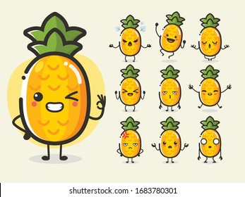 Set Of Cute Pineapple Fruit Character In Different Action Emotion