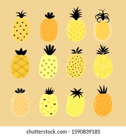 Set of cute pineapple, Hand drawn design for greeting cards, fabric, wrapping paper, invitation, stationery