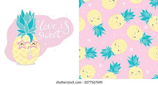 A set of cute pineapple in sunglasses for children's clothing. Vector illustration